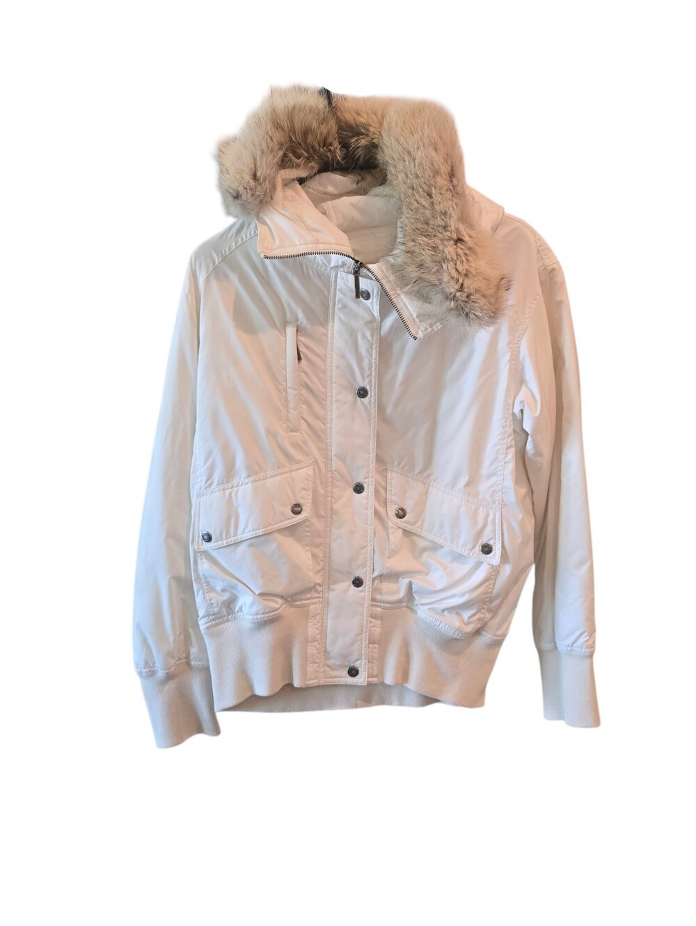 💜 VINCE Water Resistant white bomber jacket featuring genuine fur-trimmed hood